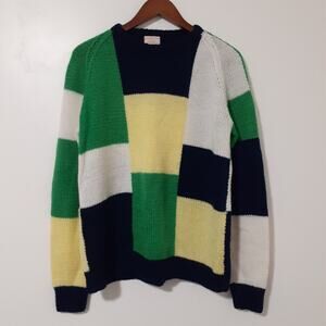 Vintage Handmade Women's Colorblock Sweater Green Navy White Yellow M
